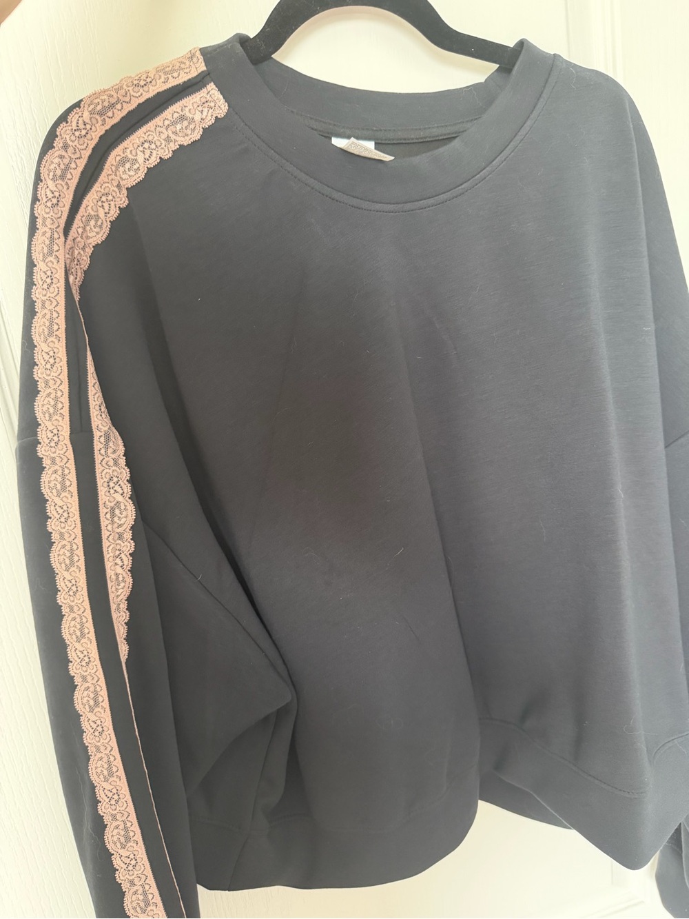 all in motion Black Crewneck Sweatshirt with Pink Lace-Trim Stripes